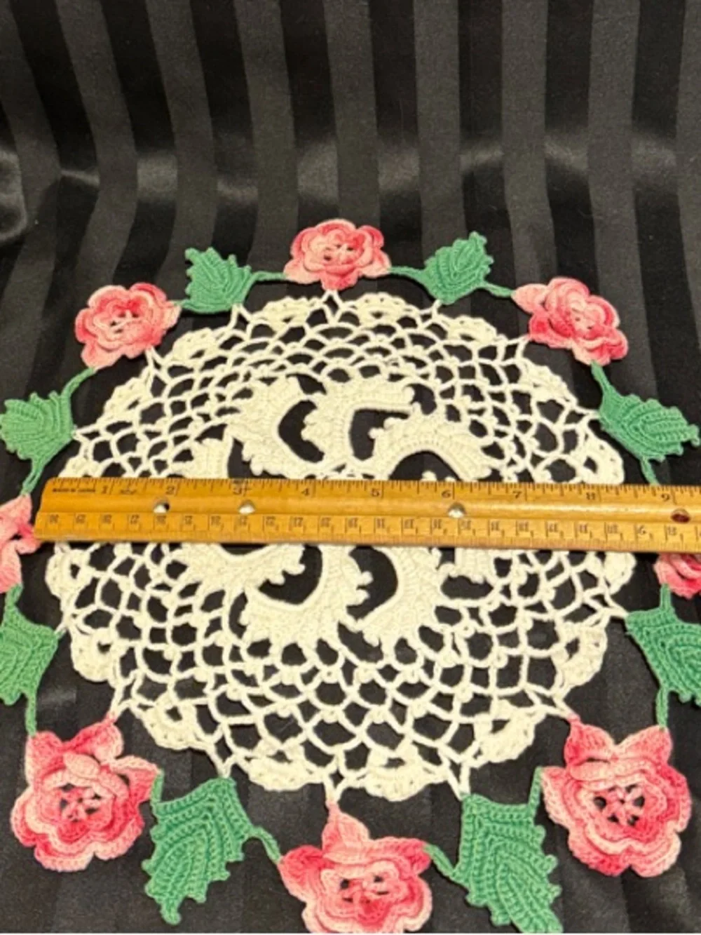 Handmade Irish Rose Crochet Doily with Multi-toned Pink Roses and Greenery
